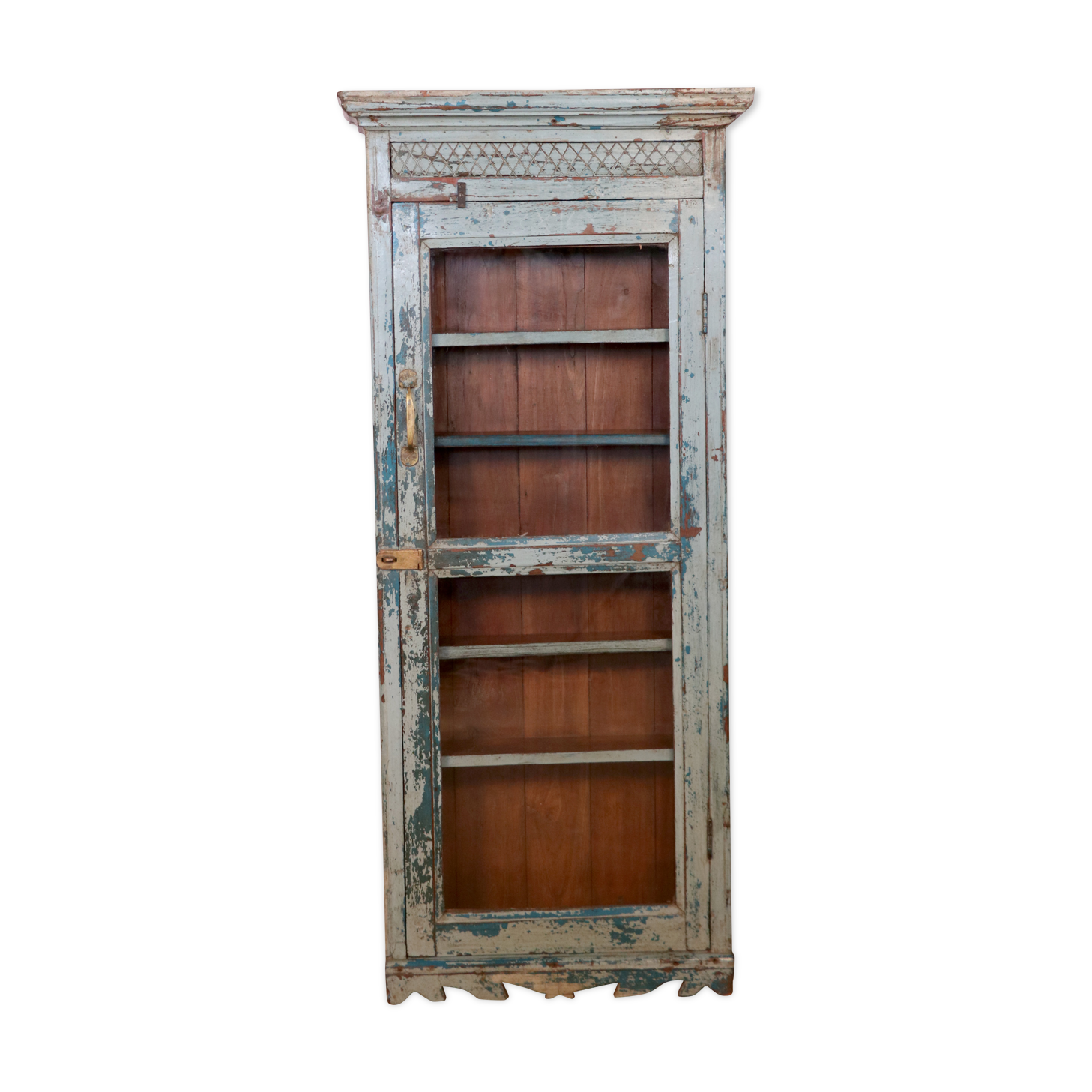 Old art deco wall showcase in burmese teak original blue-gray patina
