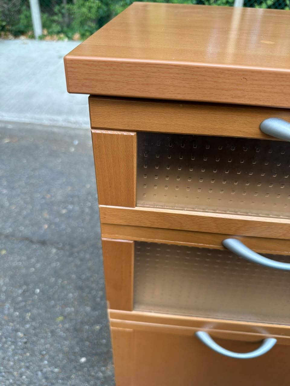 IKEA 1990 wood and frosted glass chest of drawers.