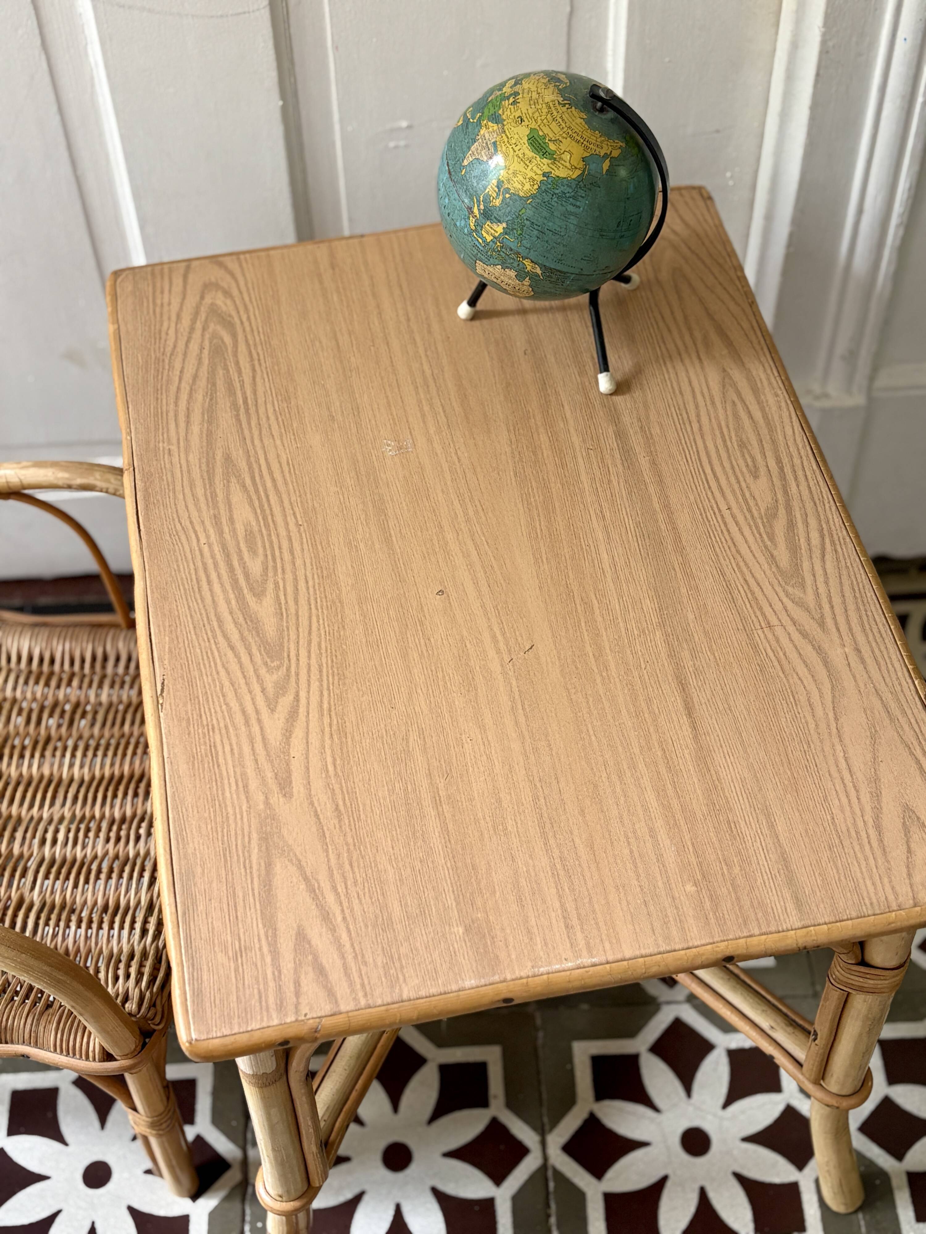 Vintage rattan desk and chair set for children