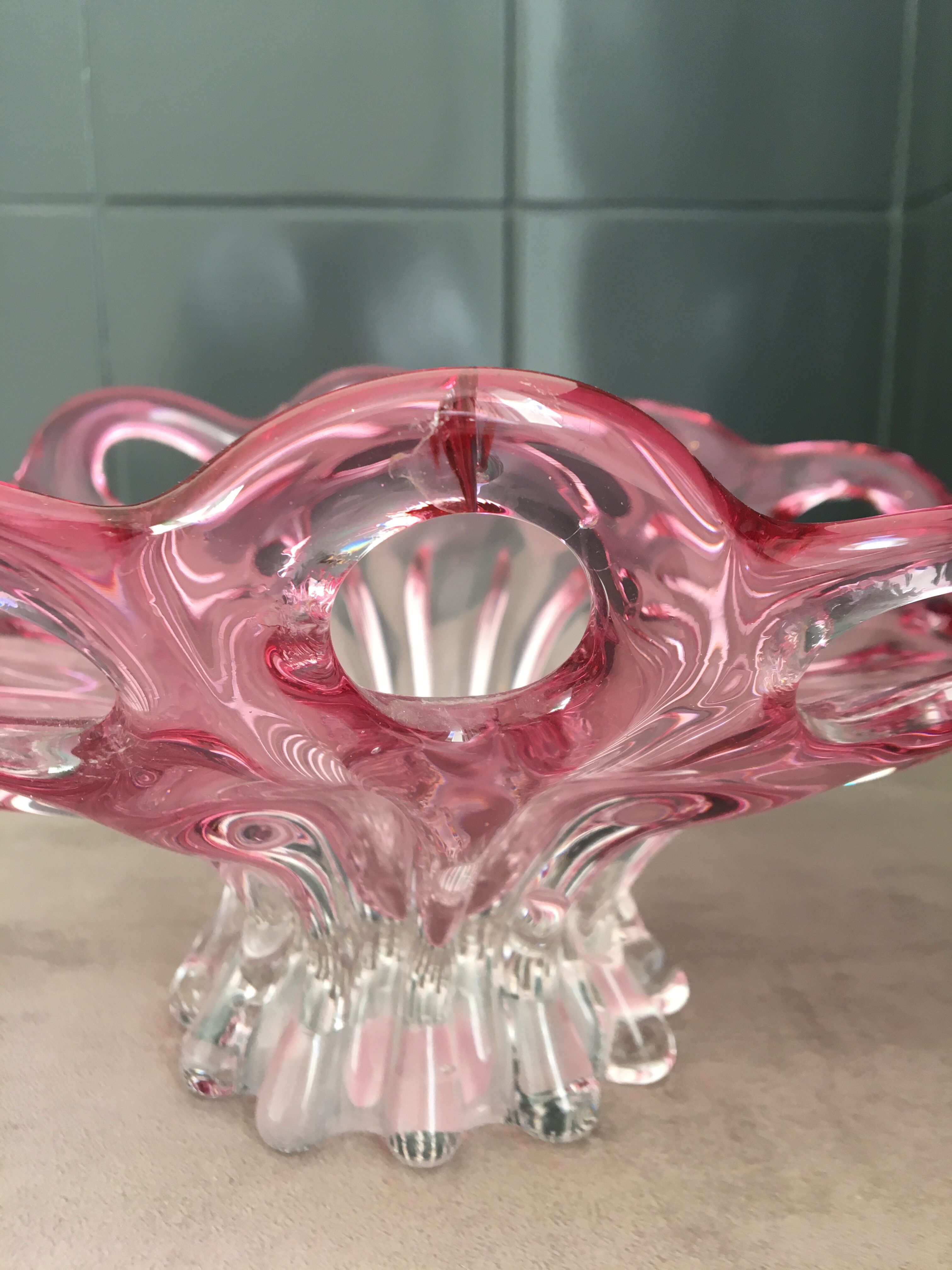 Pink blown glass fruit cup