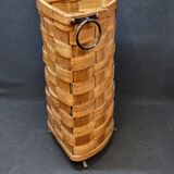 Ancienne corbeille vintage en bois tressé d'angle porte parapluie / panier