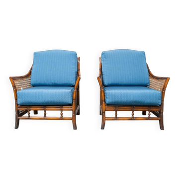 Paire de fauteuils vintage en bambou et paille de Vienne modernisme années 1960