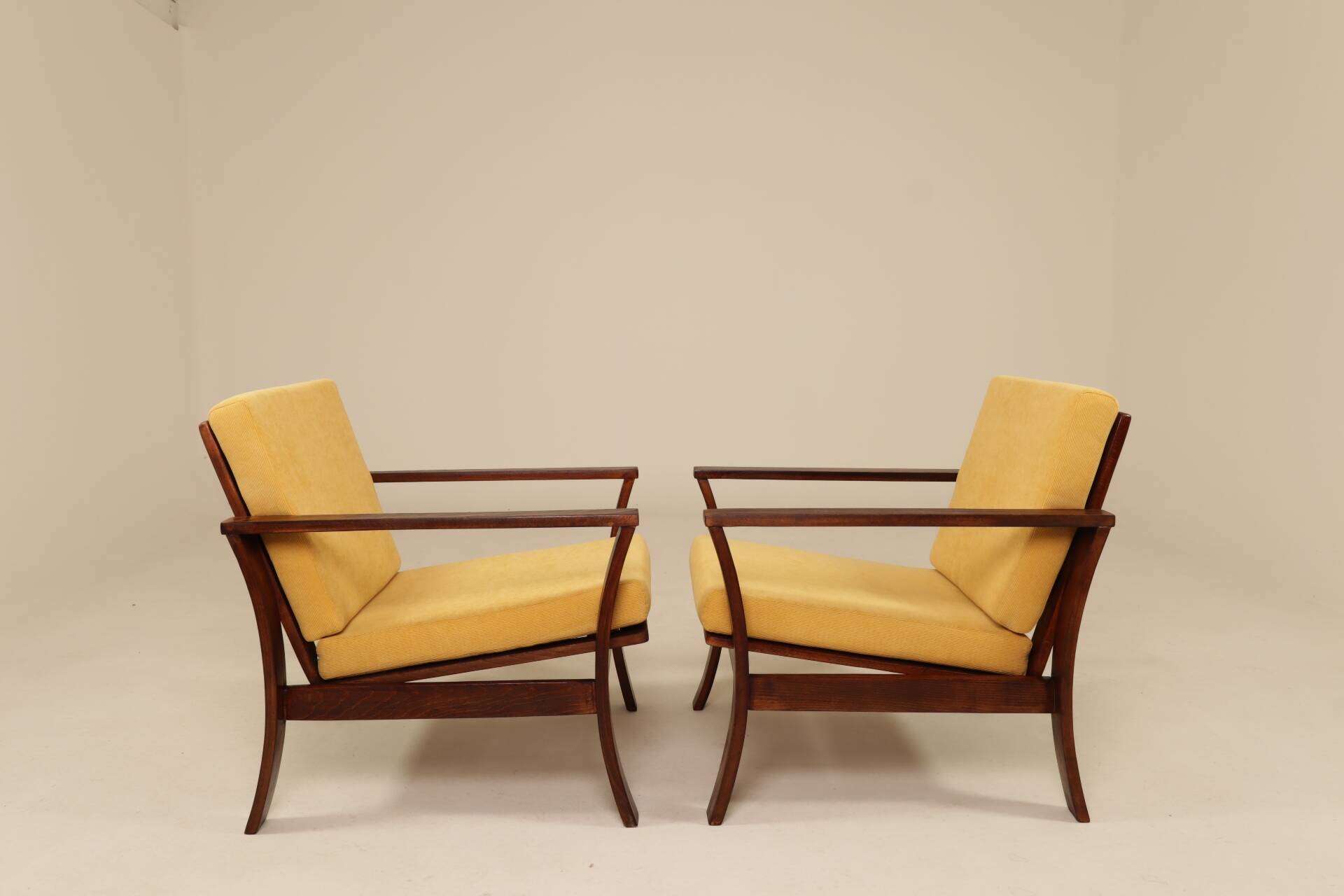 Pair of vintage curved beech armchairs, refurbished – Corduroy fabric