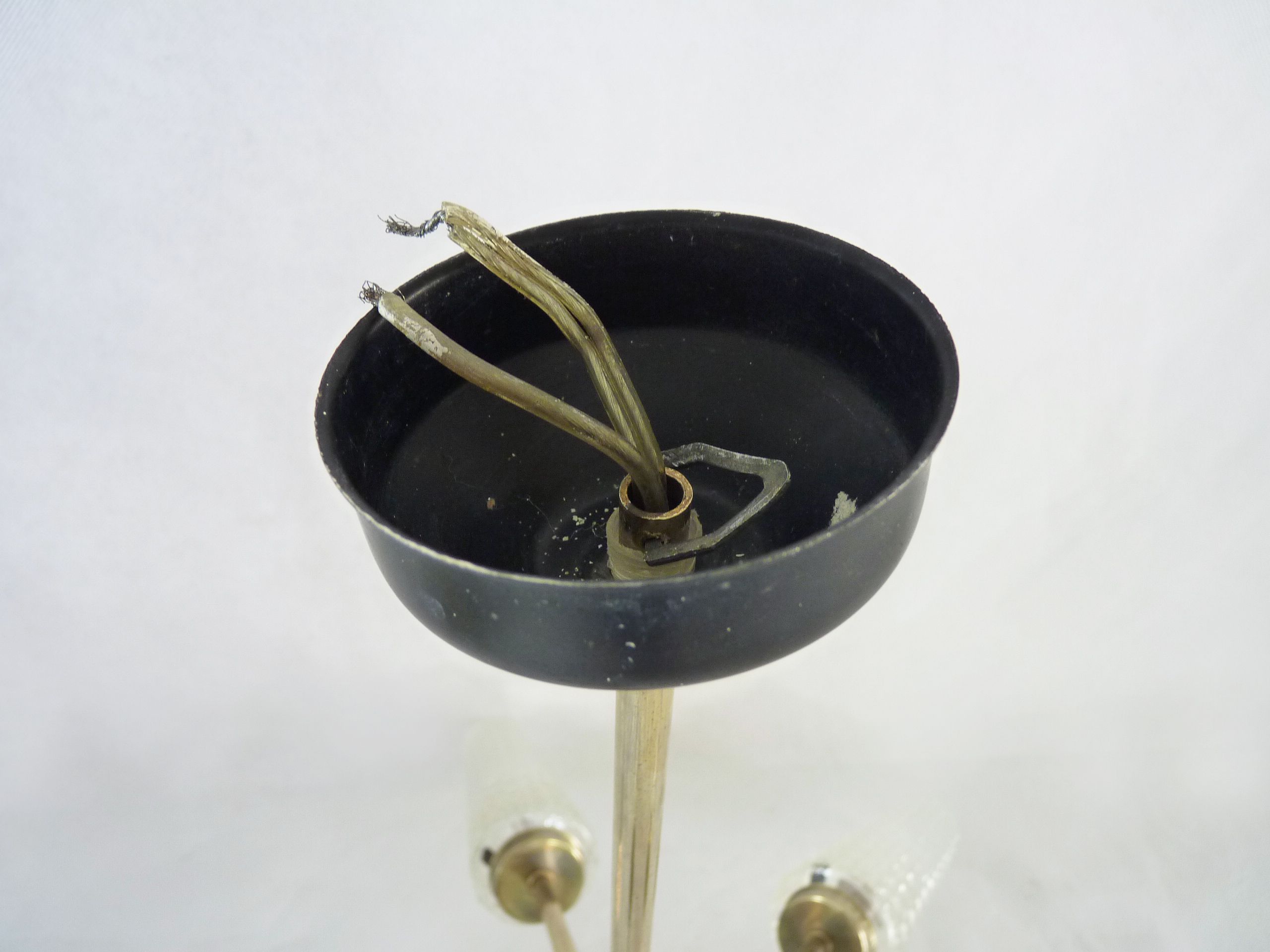 Old 5-branch chandelier, brass and glass tulips, vintage light fixture