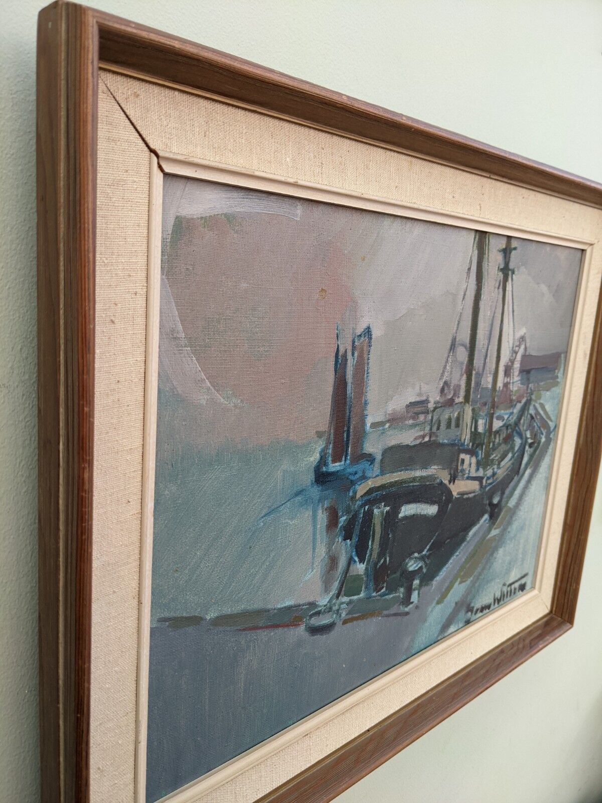 Mid 20th Century "Harbour Sundown" Swedish Modernist Coastal Scape Oil Painting, Framed