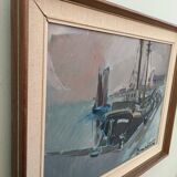 Mid 20th Century "Harbour Sundown" Swedish Modernist Coastal Scape Oil Painting, Framed
