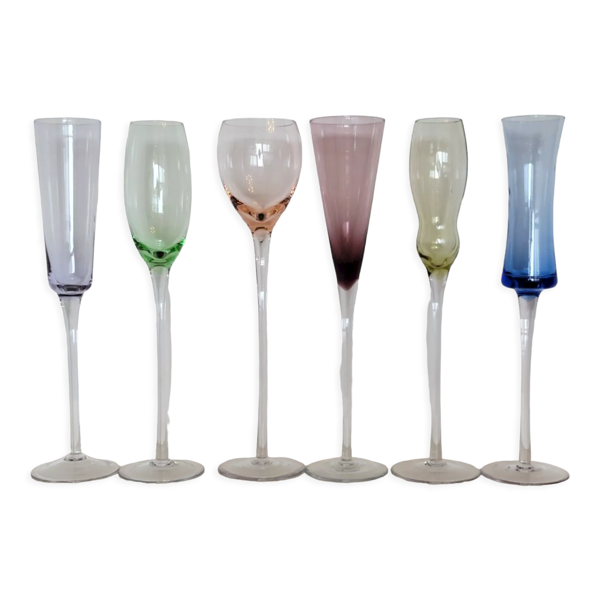 Set of 6 champagne flutes in different colors and shapes