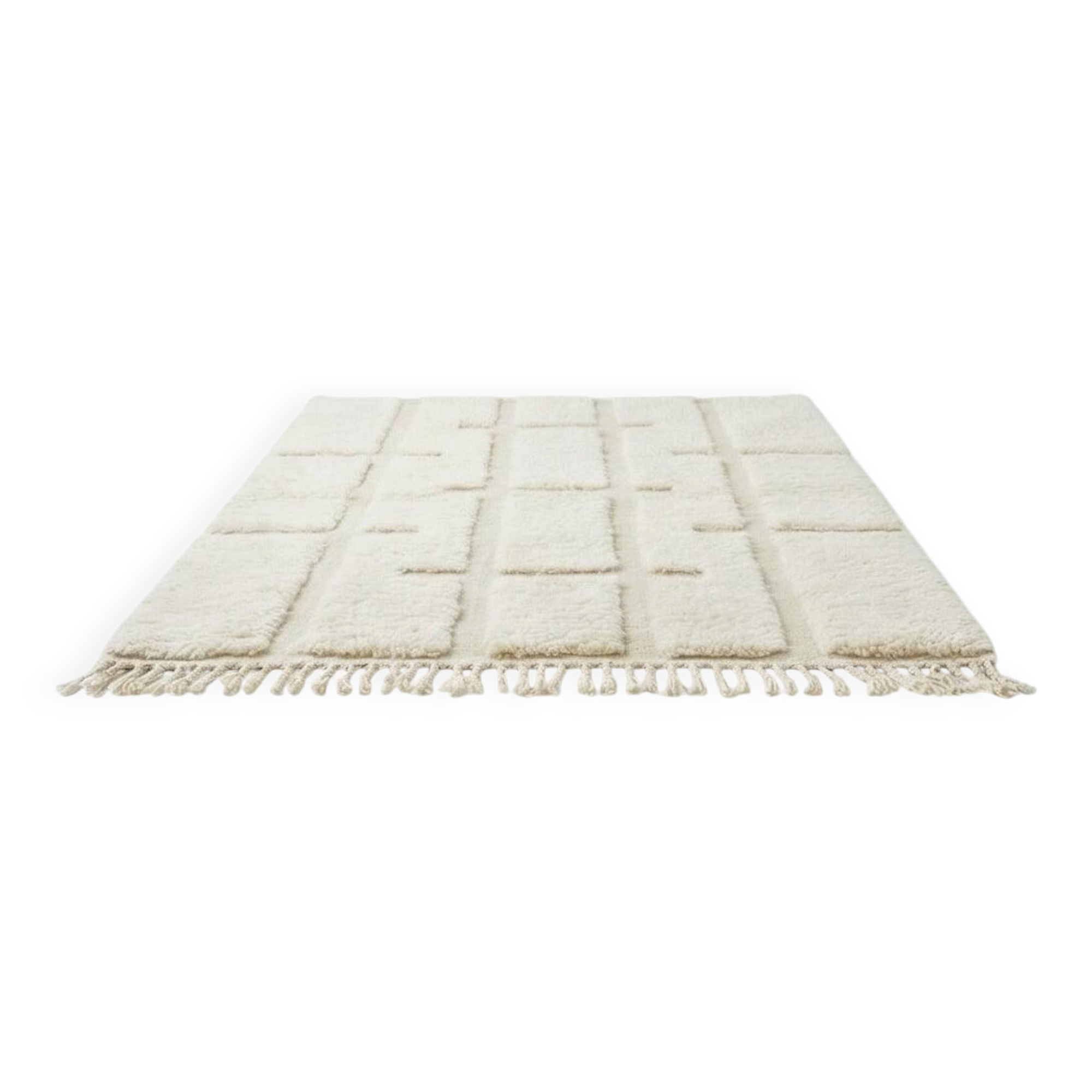 Berber rug with a white graphic pattern.