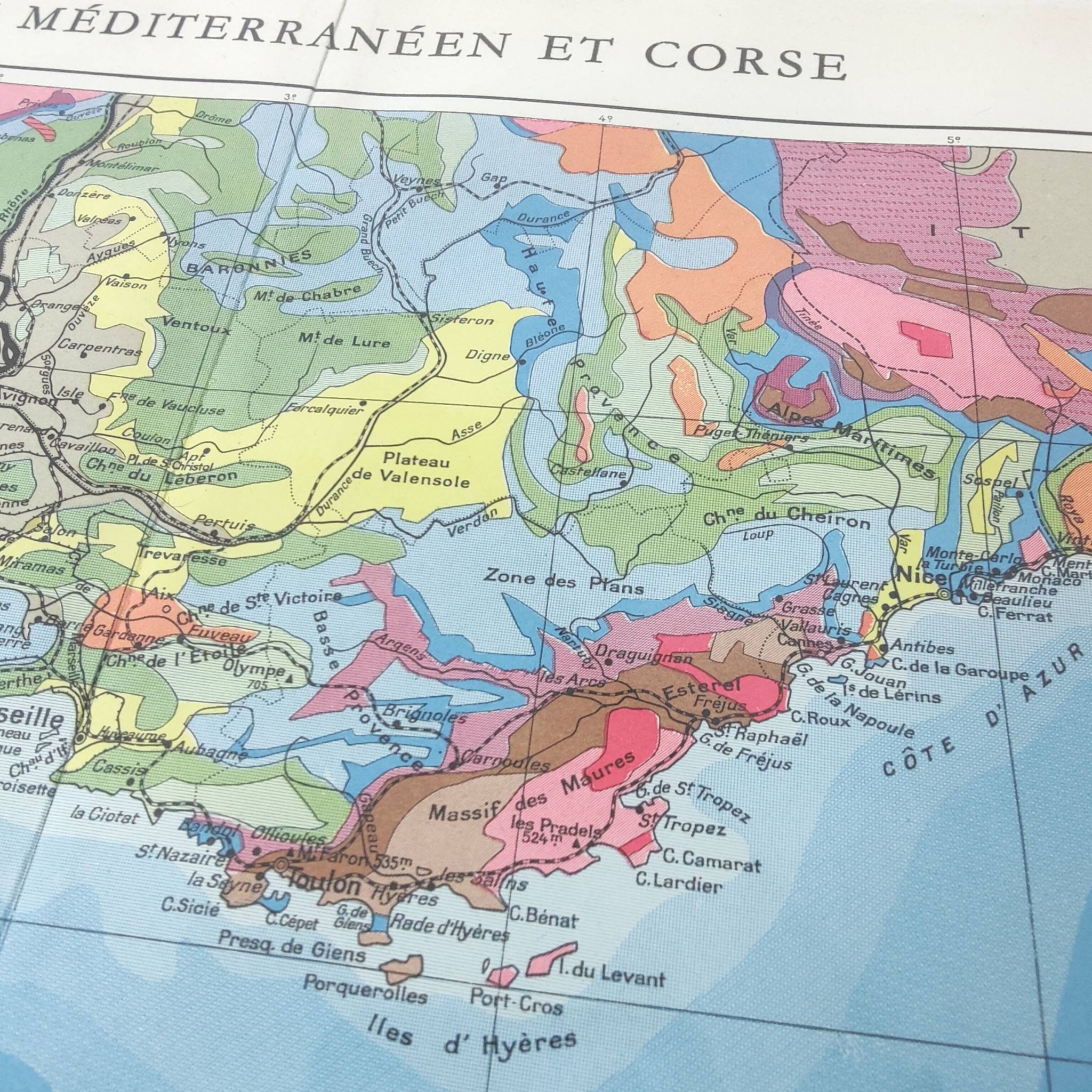 Vintage map of Corsica and southern Mediterranean France, 43x43cm from 1950.