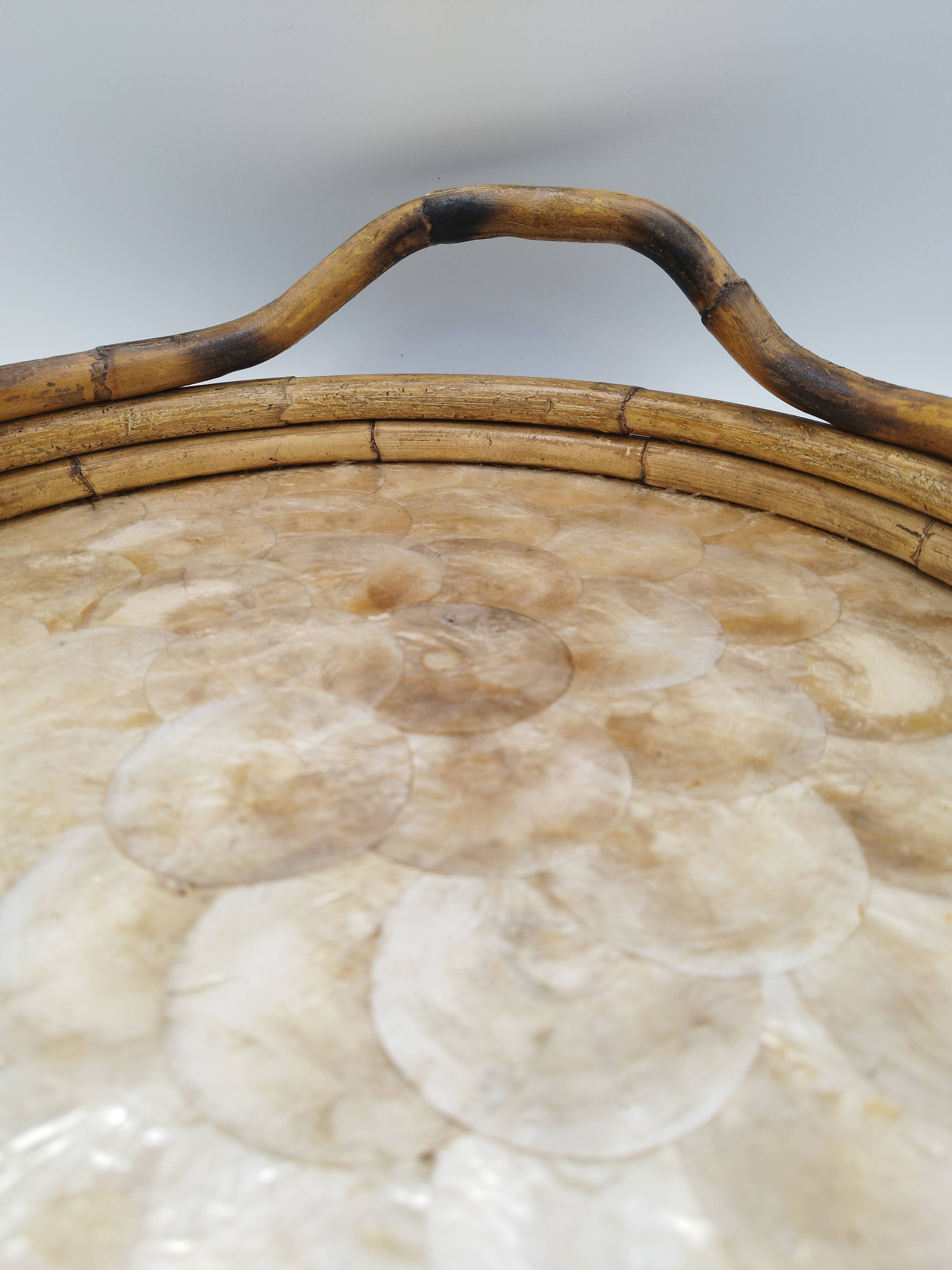 Vintage round bamboo and Capiz shell platter – Italy, 1970s
