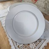 Set of 12 white porcelain dinner plates with double silver rim