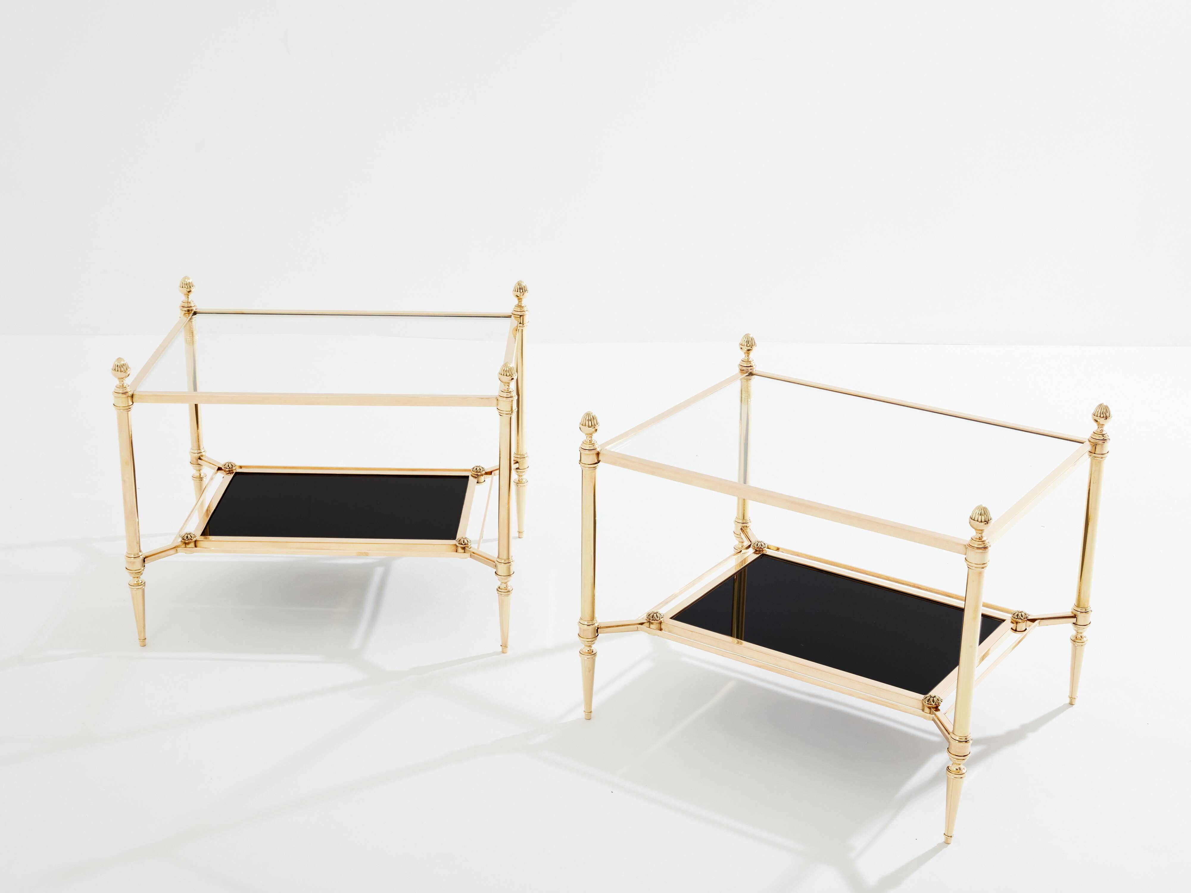 Maison Jansen style pair of brass opaline glass side tables 1970