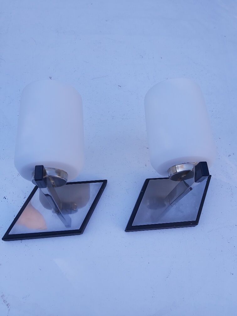 Pair of vintage metal and opaline wall light