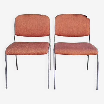 Chaises design vintage métal chromé et tissu chiné marron/orangé, années 70