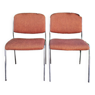 Chaises design vintage métal chromé et tissu chiné marron/orangé, années 70