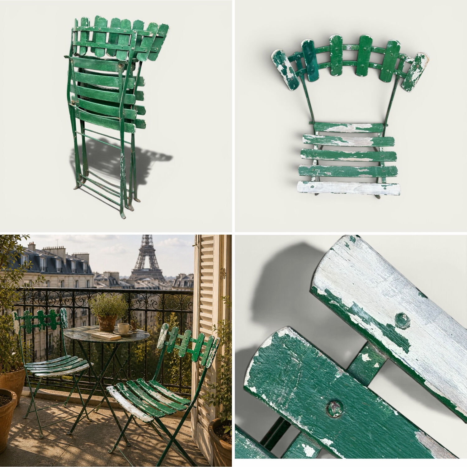Pair of original patinated folding Parisian bistro chairs.