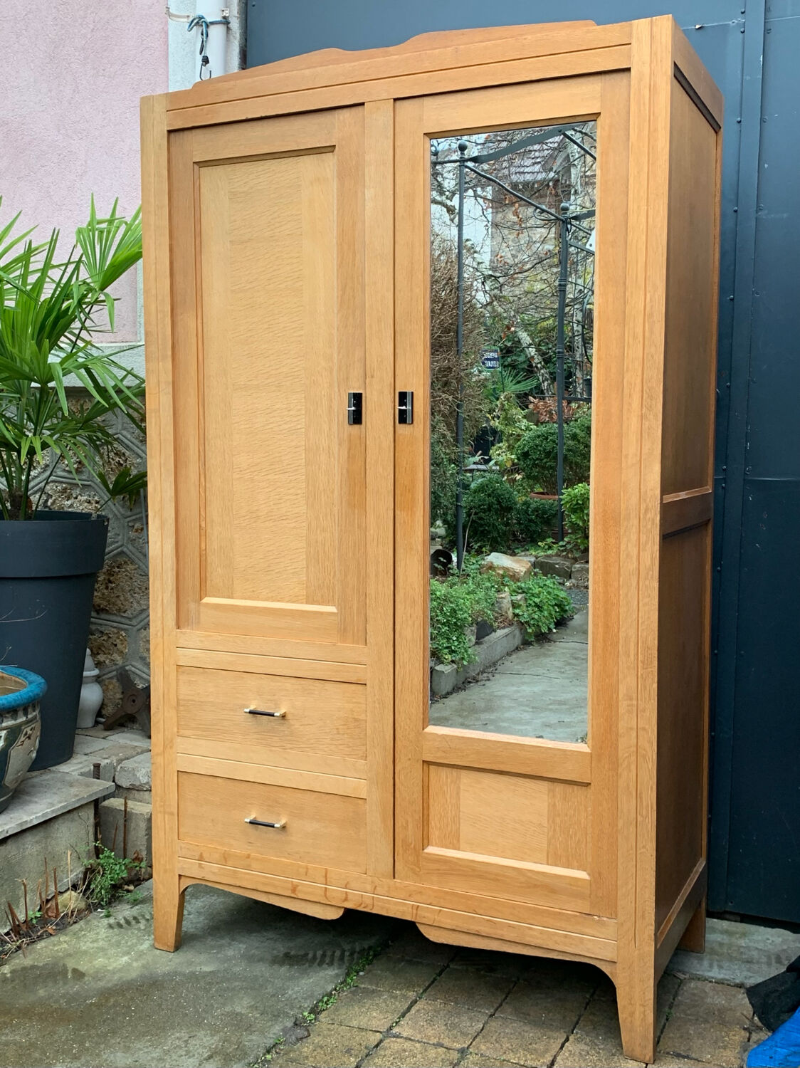 Vintage Parisian hotel wardrobe, blonde oak, 1950s.