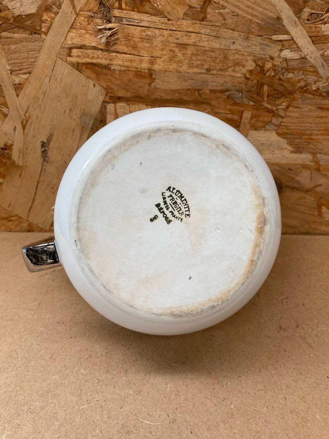 Antique aluminite teapot frugier white & silver ceramic vintage