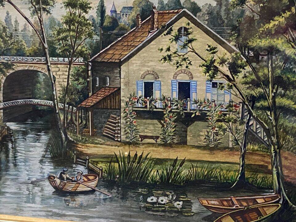 Gouache painting early 20th century Landscape at the mill and boat trip on the Marne