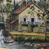 Gouache painting early 20th century Landscape at the mill and boat trip on the Marne