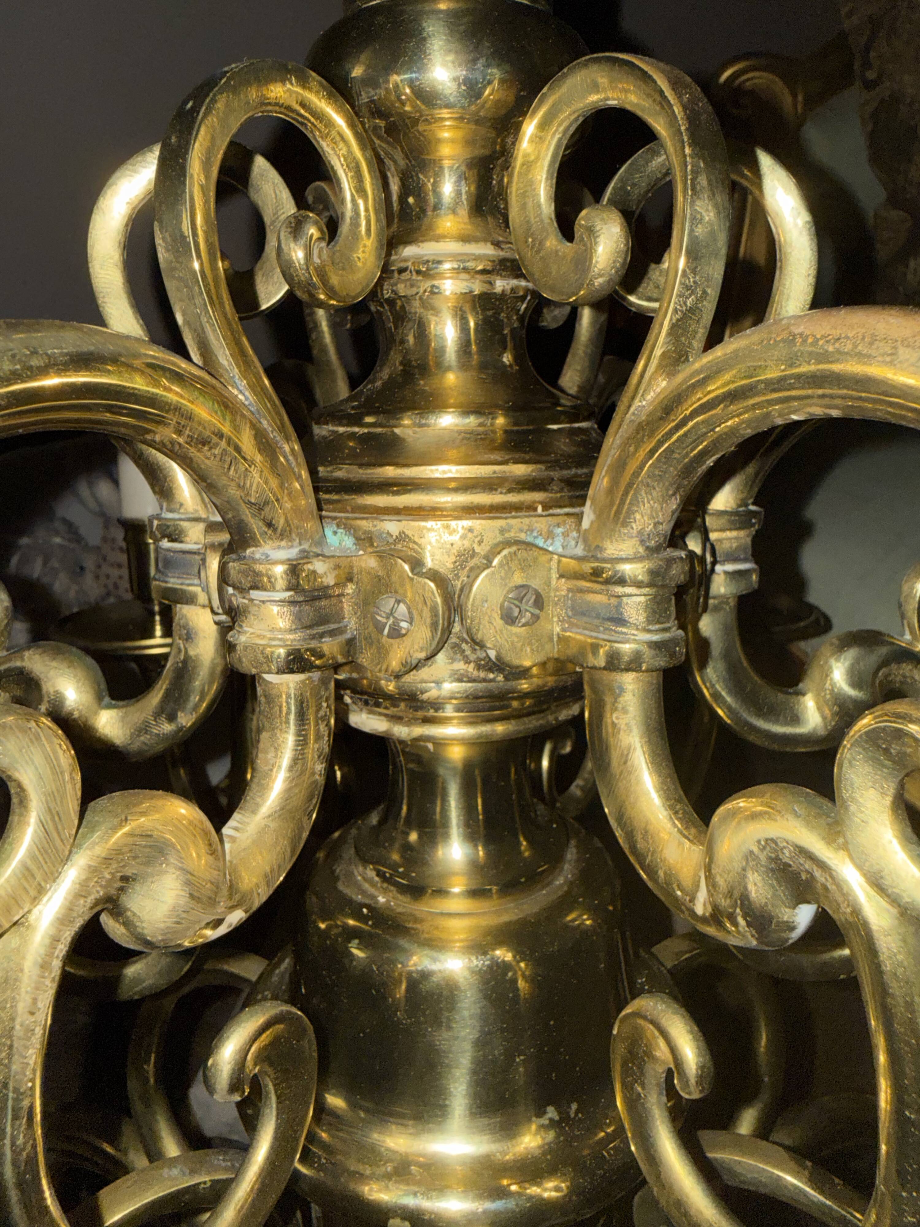 Large Dutch brass chandelier, 12 lights