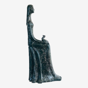 Sculpture "Femme à l'oiseau" en céramique glaçurée noire de Paulette Toma, France 60's