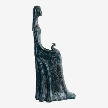 Sculpture "Femme à l'oiseau" in black glazed ceramic by Paulette Toma, France 60's