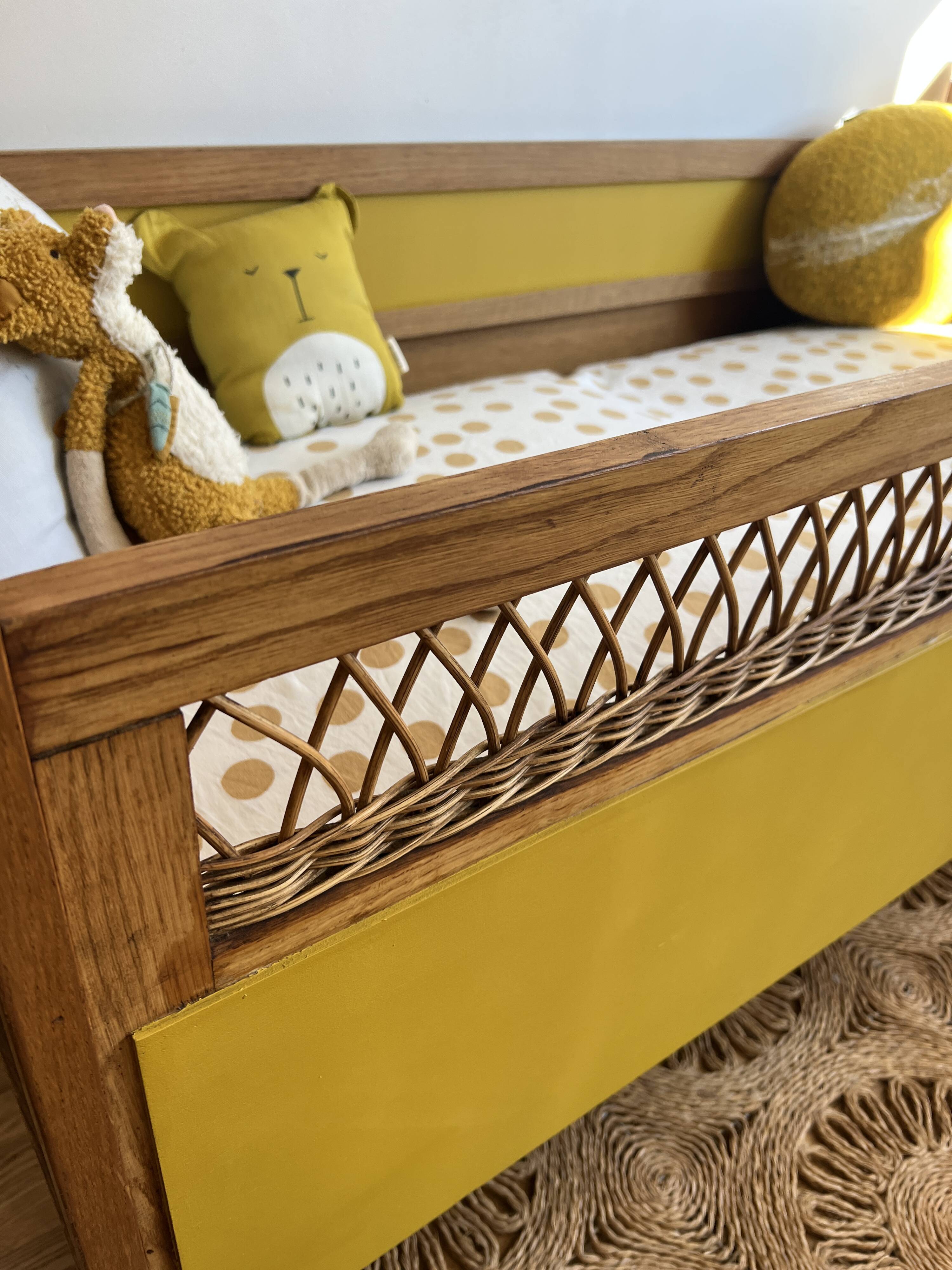 Vintage rattan and wood baby bed