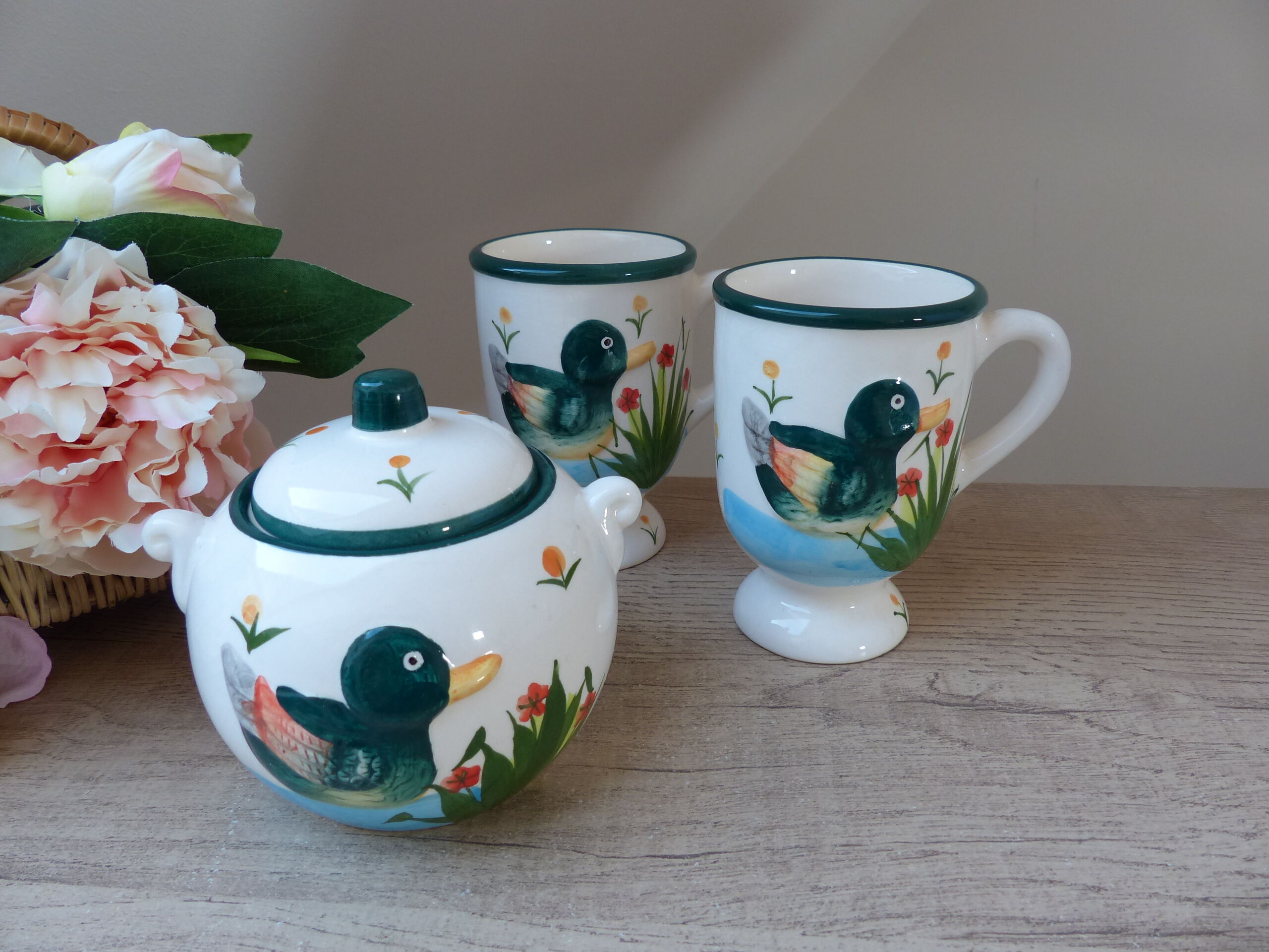 Sugar set and duo mugs, two ceramic cups decoration ducks birds green and yellow painted
