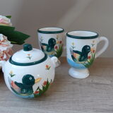 Sugar set and duo mugs, two ceramic cups decoration ducks birds green and yellow painted