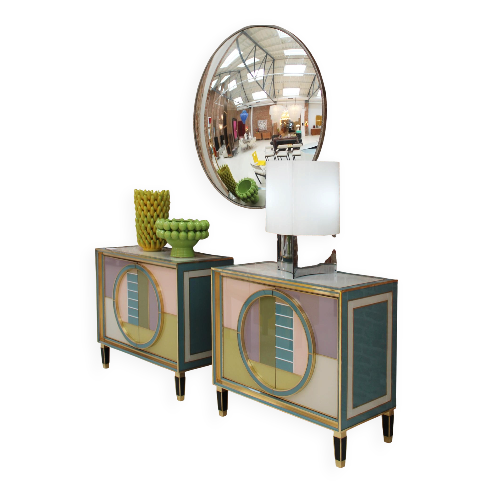 Mid-Century Modern Style Italian Cabinet Wood, Brass and Colored Glass