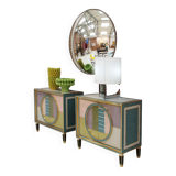 Mid-Century Modern Style Italian Cabinet Wood, Brass and Colored Glass