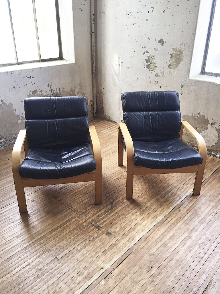 Danish sofa and armchairs curved wood and leather