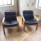 Danish sofa and armchairs curved wood and leather