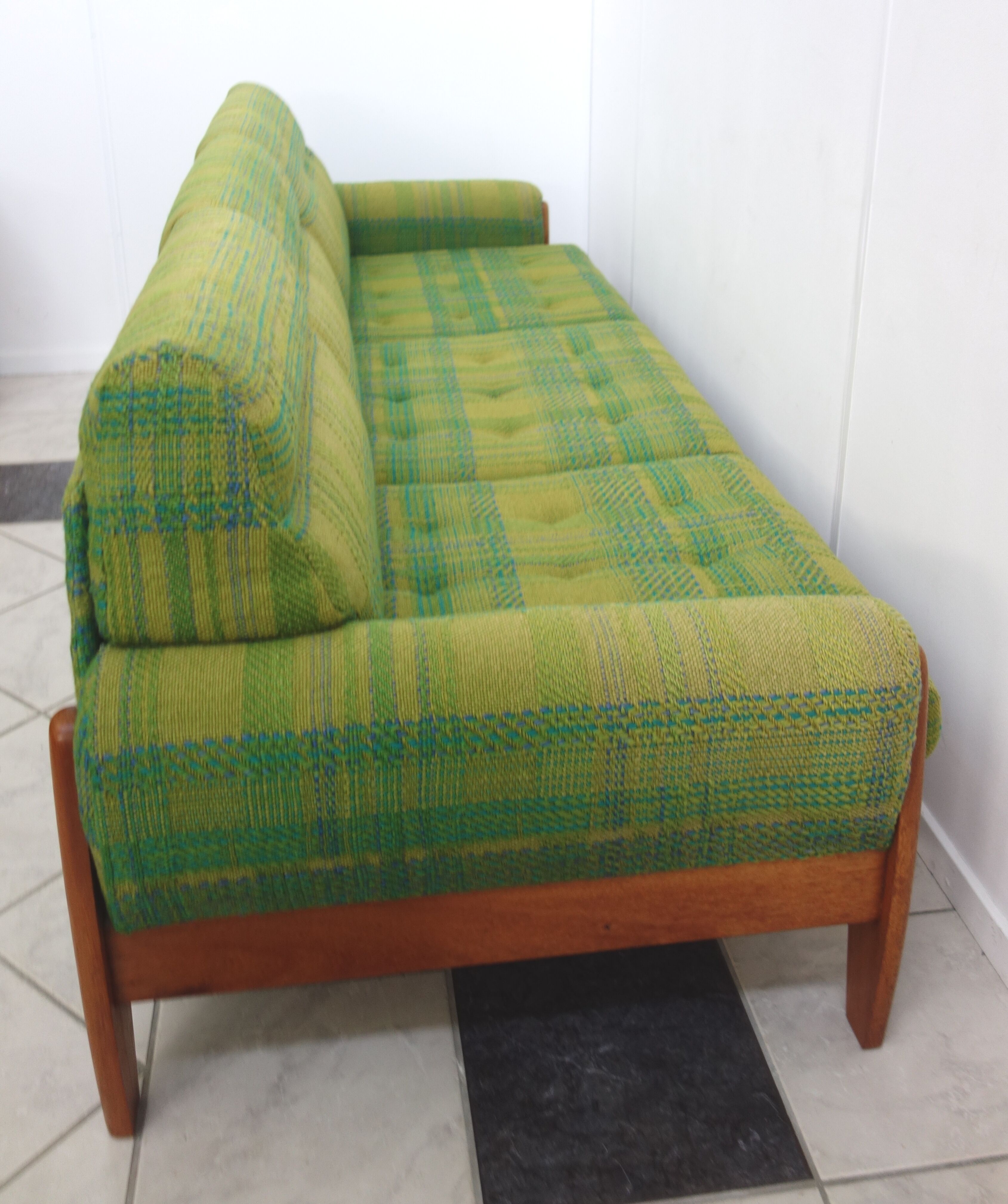 Green three seat sofa Teak frame