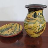 Matching vase and bowl in marbled glazed terracotta