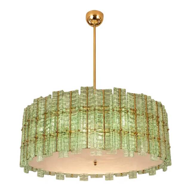 Contemporary Modern Italian Green“Tropical” Murano Glass Gold Chandelier
