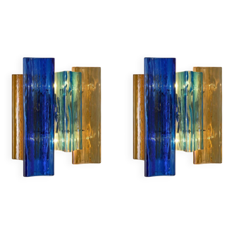 Unique pair of multicolor Murano glass wall lamps by Salviati & Co., Italy, circa 1940s