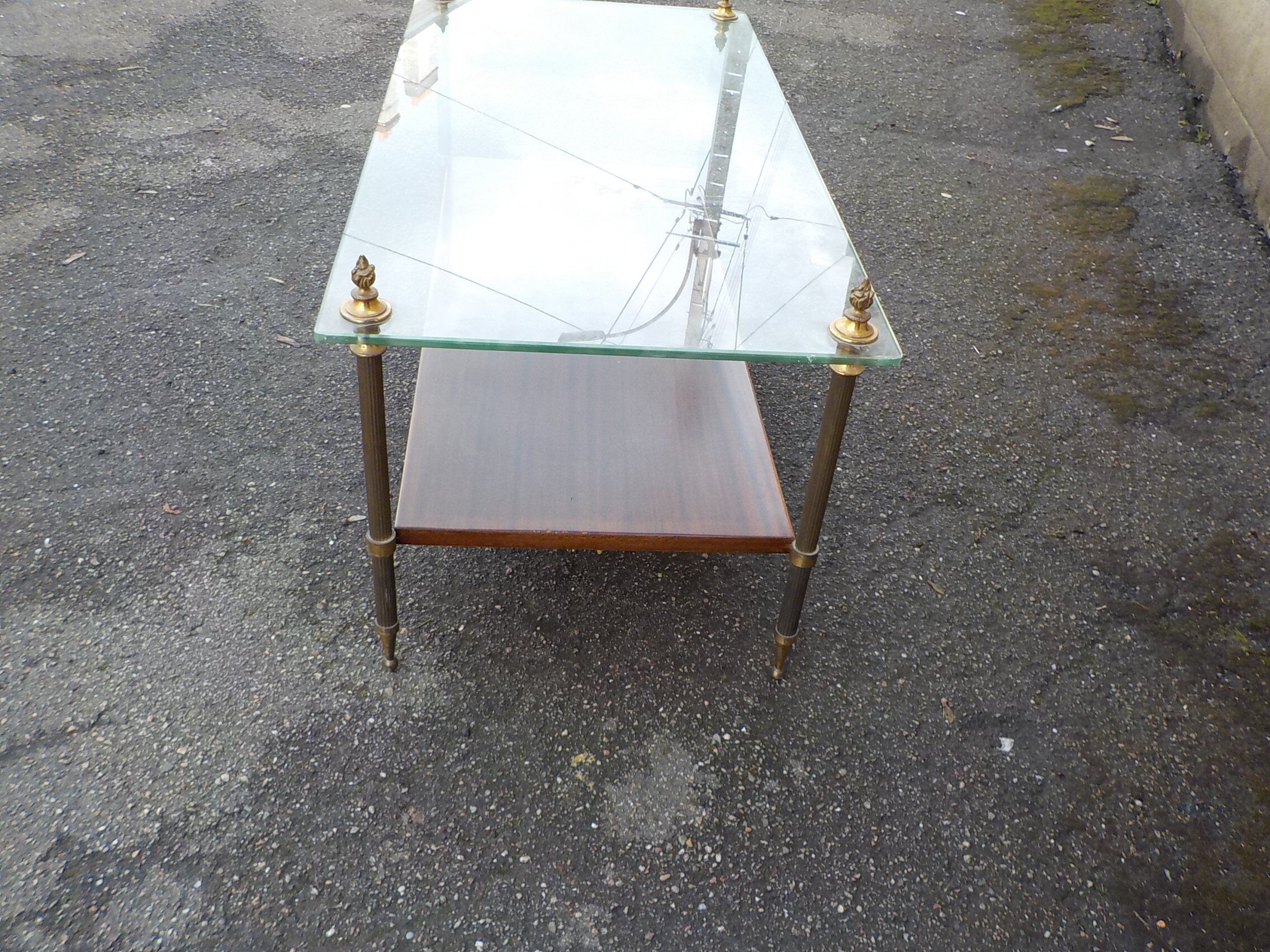 Coffee table or end of canape top glass and wood under bronze frame