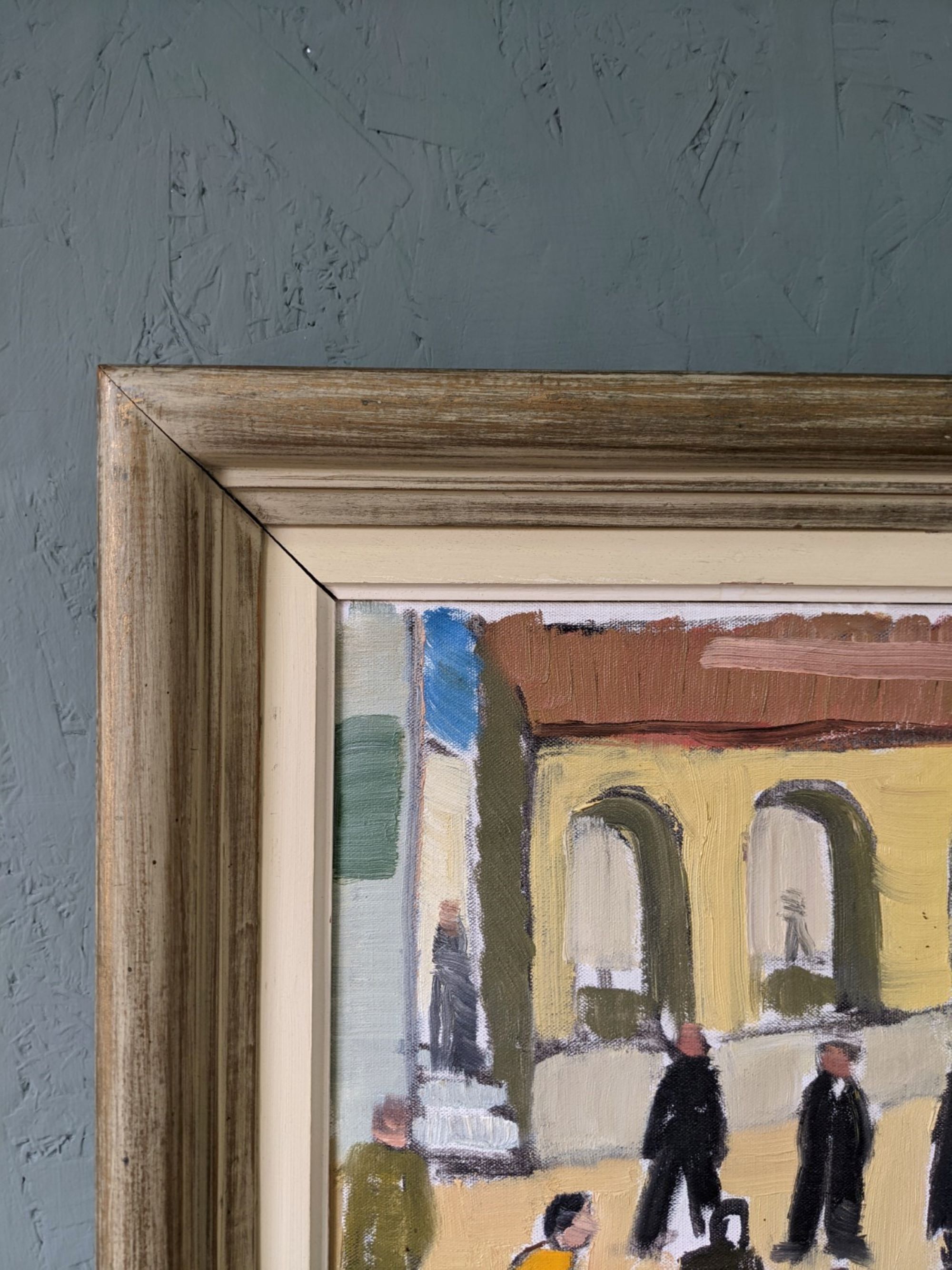 Mid-Century Modern Swedish Oil Painting "A Game of Petanque" Vintage Figurative Street Scene, Framed