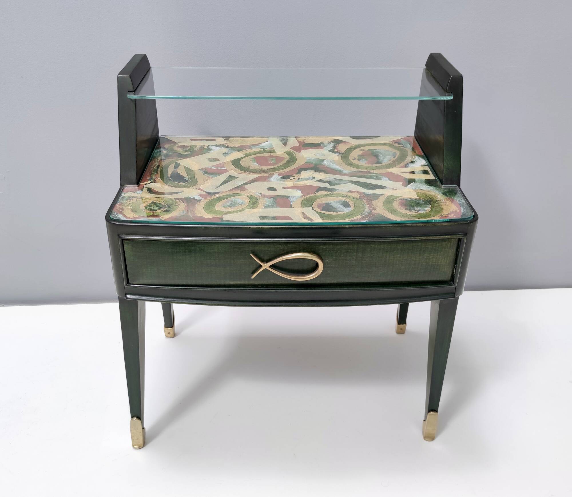 Pair of Dark Green Wooden Nightstands in 1950s Style with a Decorated Top,