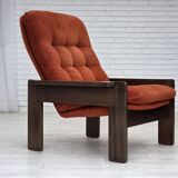 1970s, Danish armchair, orange/red furniture velour, dark oak wood.