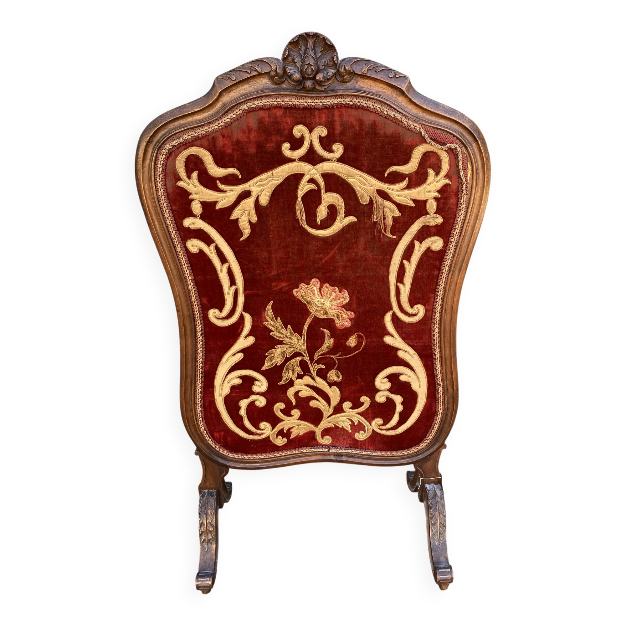 Antique fireplace screen in carved wood and embroidered velvet, Napoleon III.