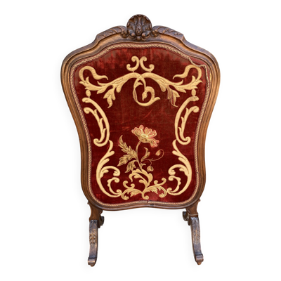 Écran de cheminée ancien en bois sculpté et velours brodé, Napoléon III