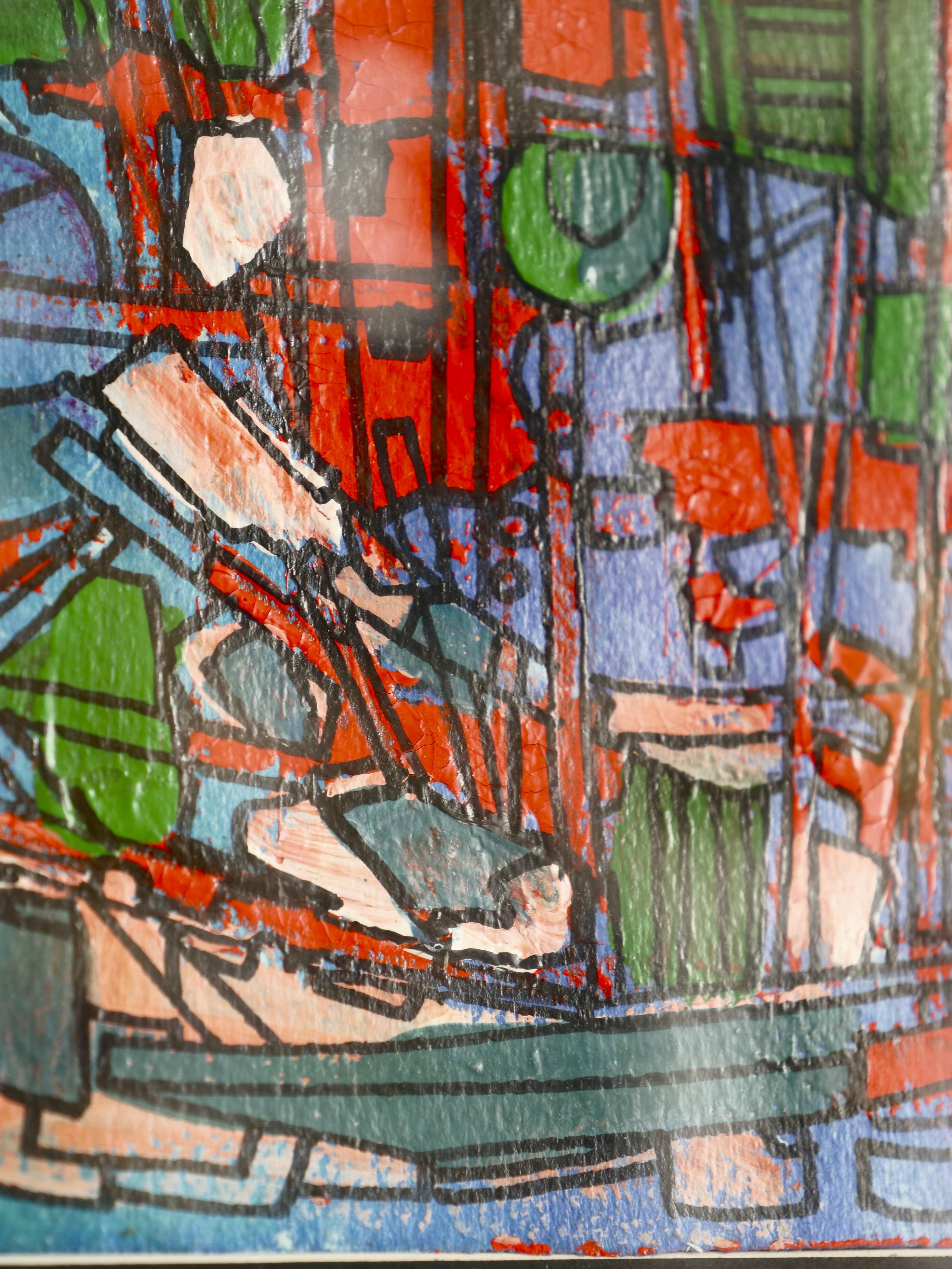 framed painting "red boats" signed