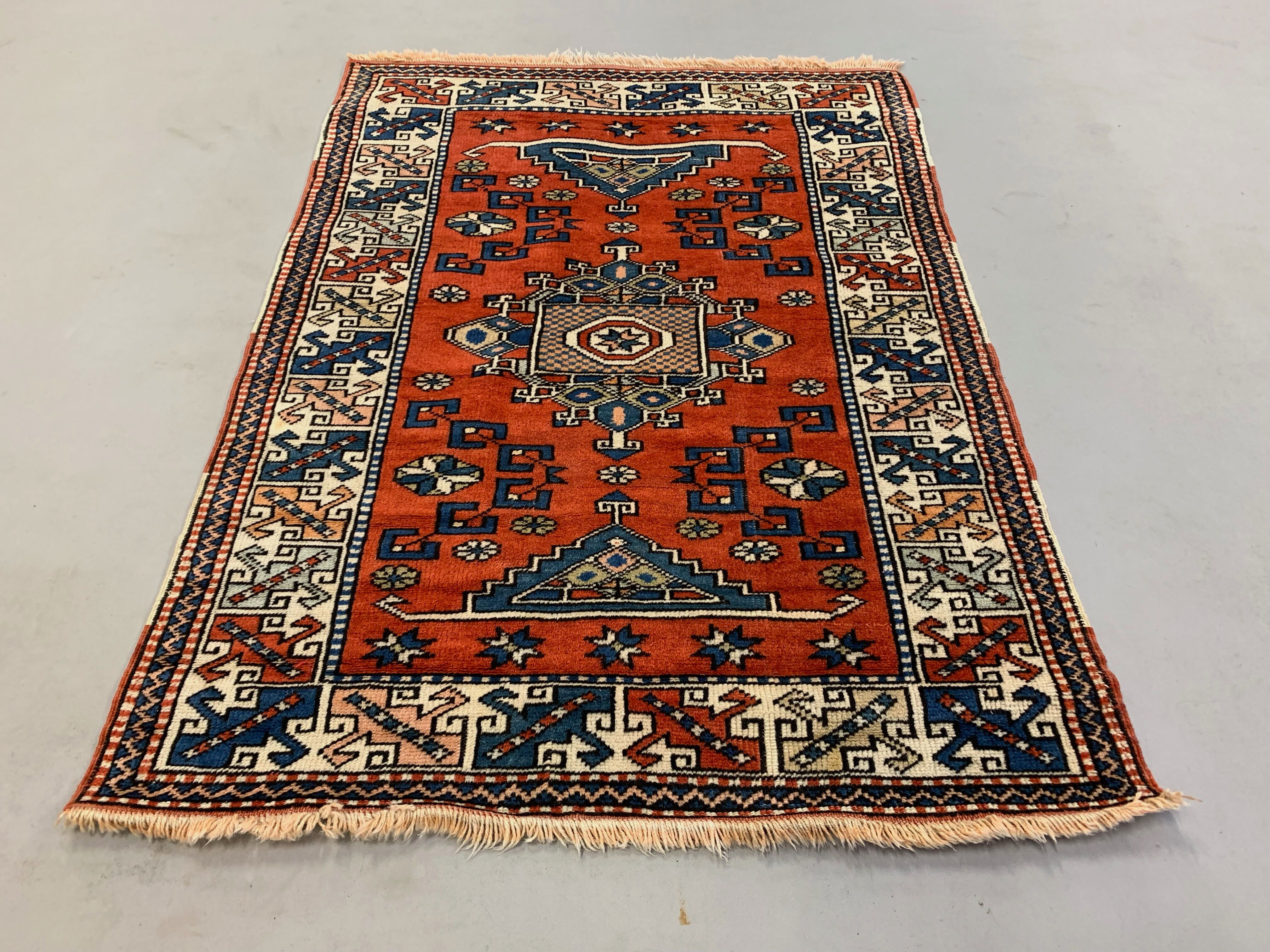 Old Turkish Kazak Rug Oriental 132x95 cm vintage tribal carpet, Red and Blue