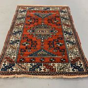 Old Turkish Kazak Rug Oriental 132x95 cm vintage tribal carpet, Red and Blue