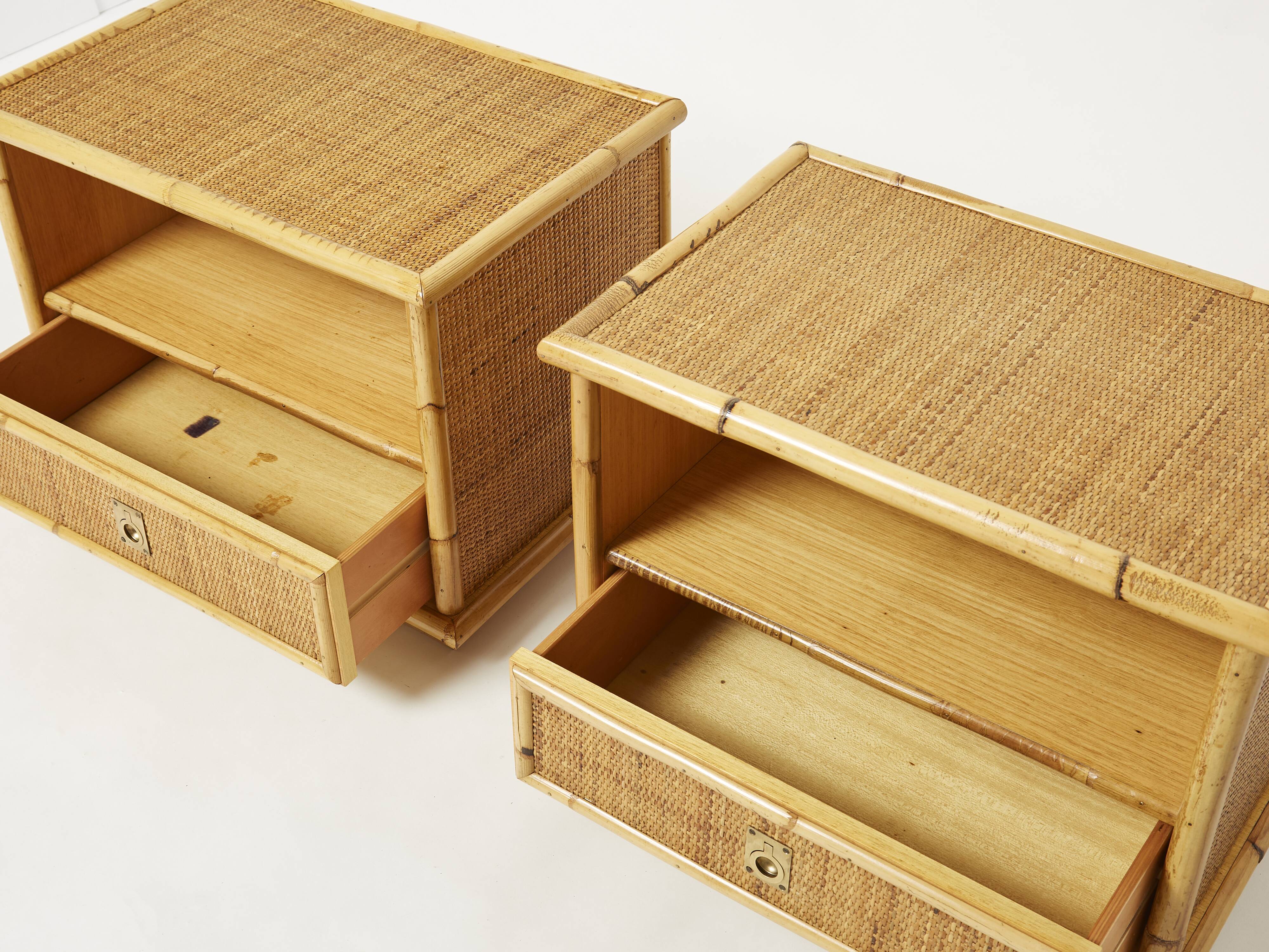 Pair of Italian bedside tables Dal Vera bamboo rattan brass 1970