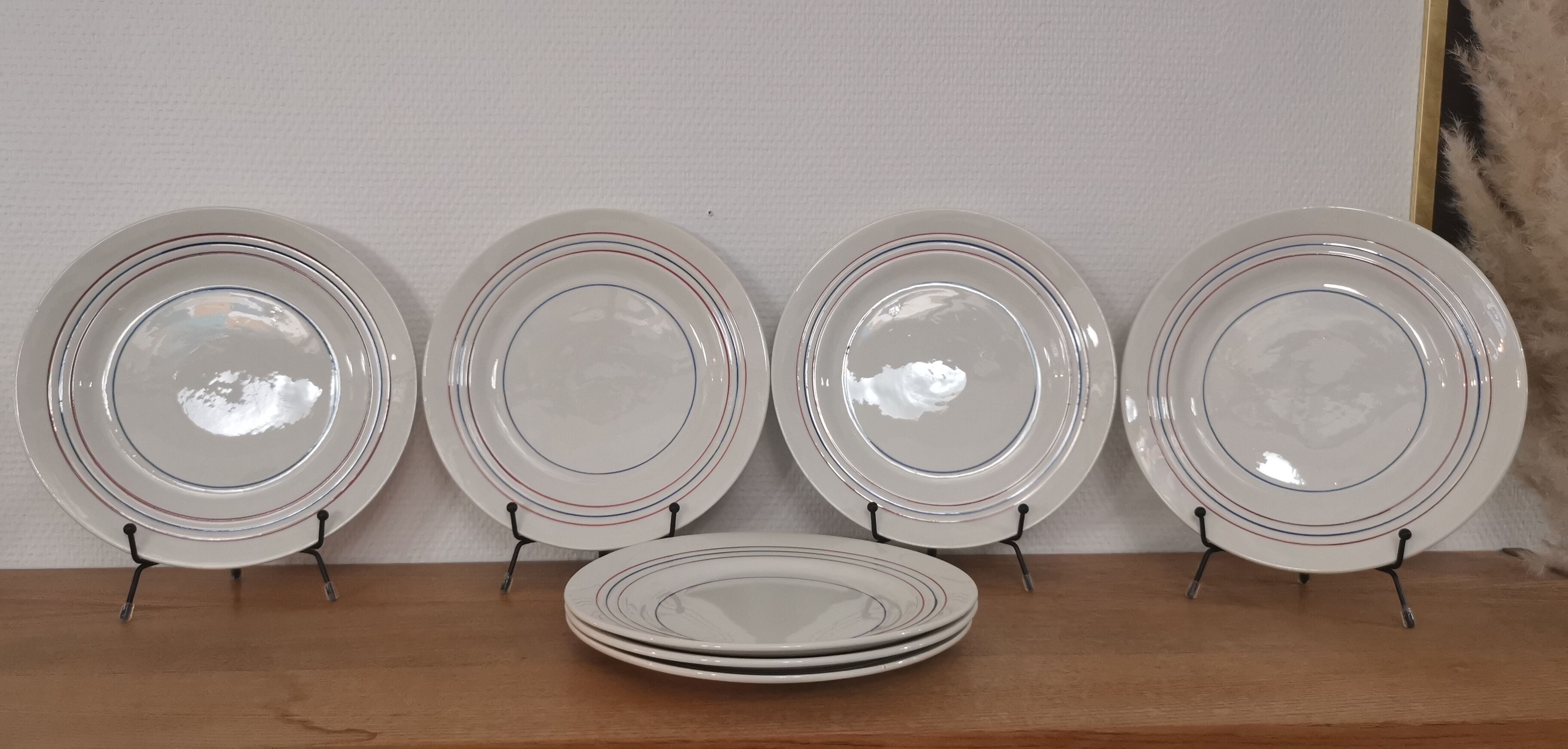 Set of 7 flat plates CERANORD St AMAND décor blue and red lines French Antique