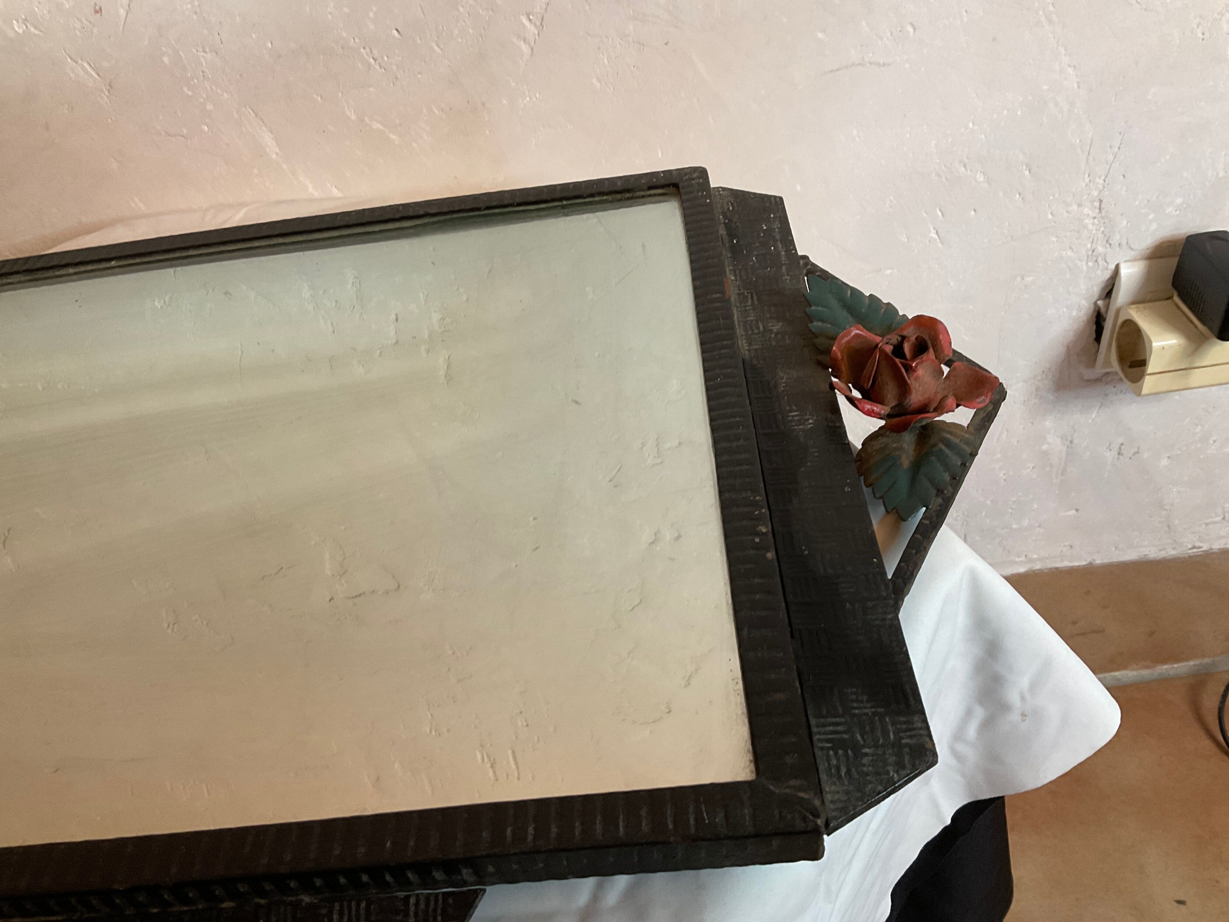 Art deco wrought iron wall mirror rose décor 64x38cm